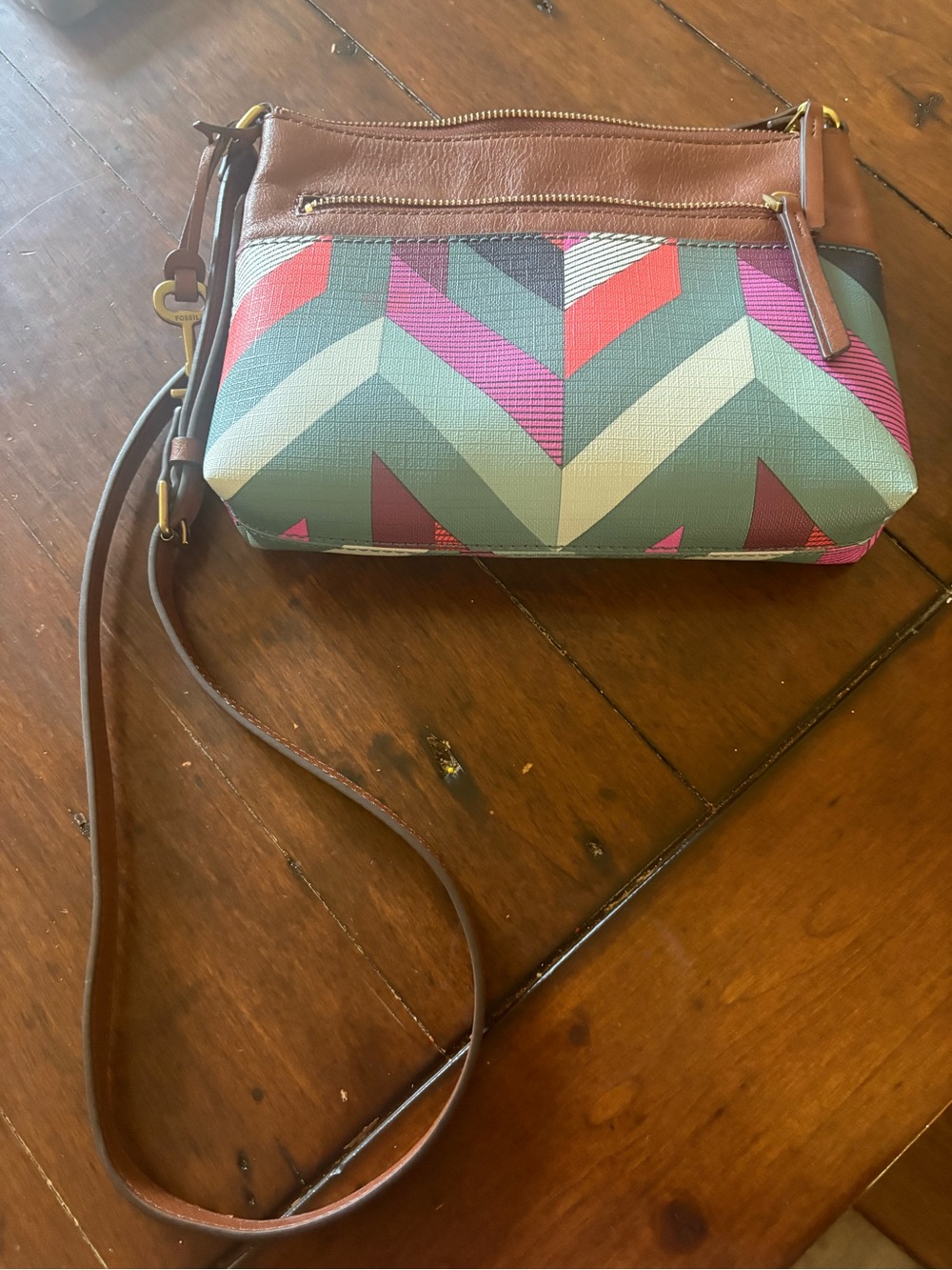 Fossil Brown Leather Crossbody with Multicolor Chevron Print